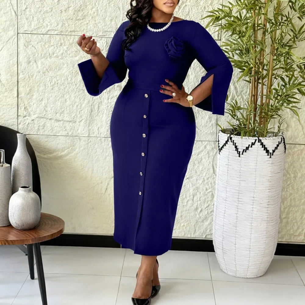 Virtue Line Long Flare Sleeve Ankle-Length Dress