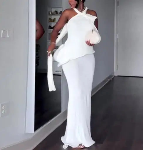 Hanging Neck Solid Color Backless Slim Fit Long Dress