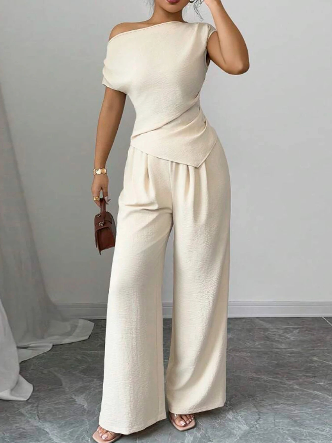 Gracious Asymmetric Top And Wide Leg Pants 2-Piece Set