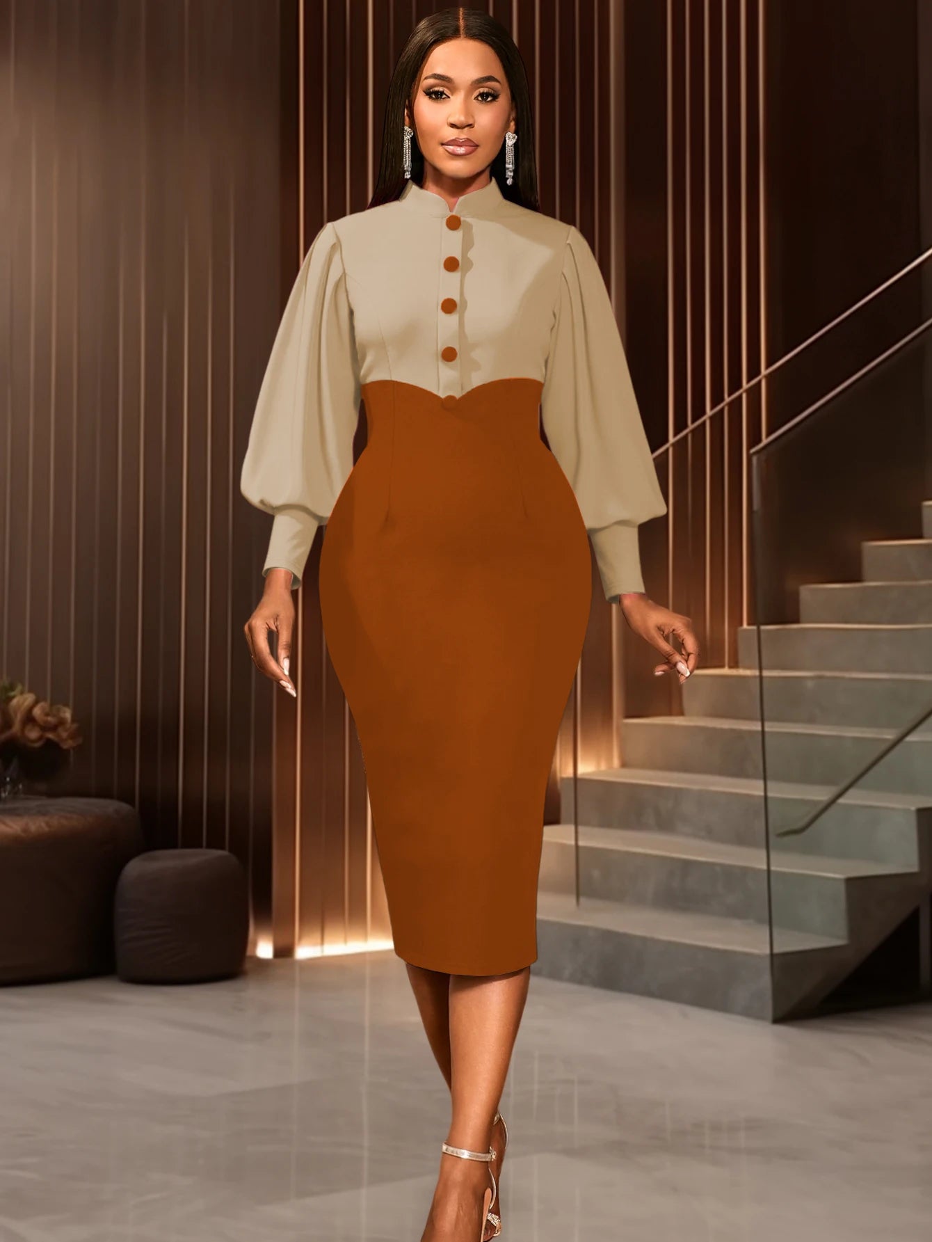 Sophisticated Long Lantern Sleeves Business Dress