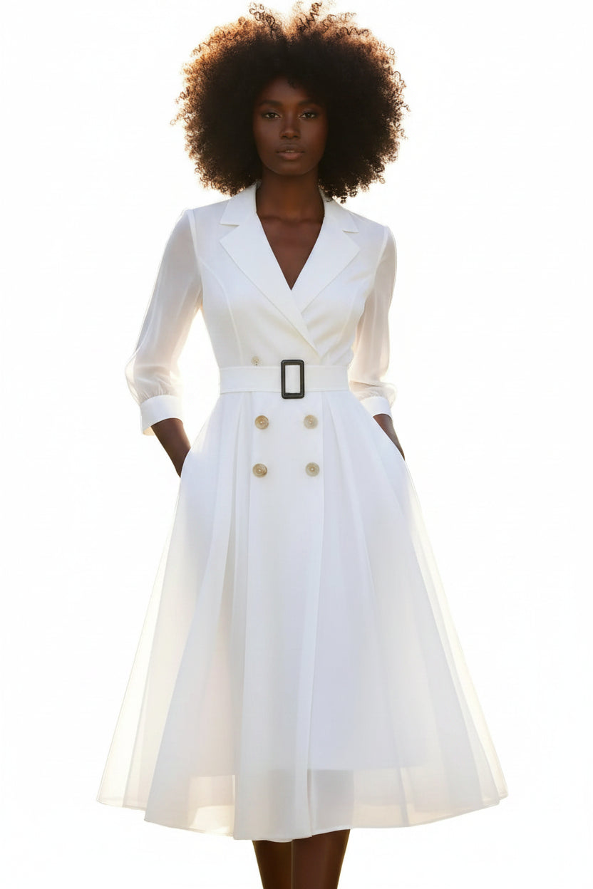 Sophisticated Sheer Sleeve Double Breasted Belted Swing Midi Dress