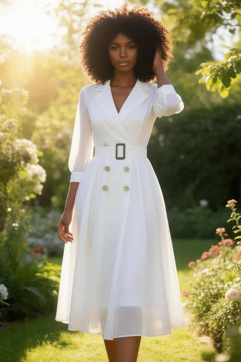 Sophisticated Sheer Sleeve Double Breasted Belted Swing Midi Dress