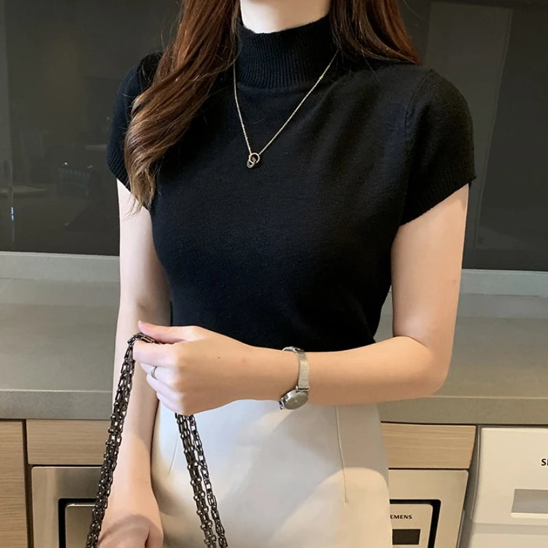 Half-High Neck T-Shirt Fashion Jumper Casual Tops