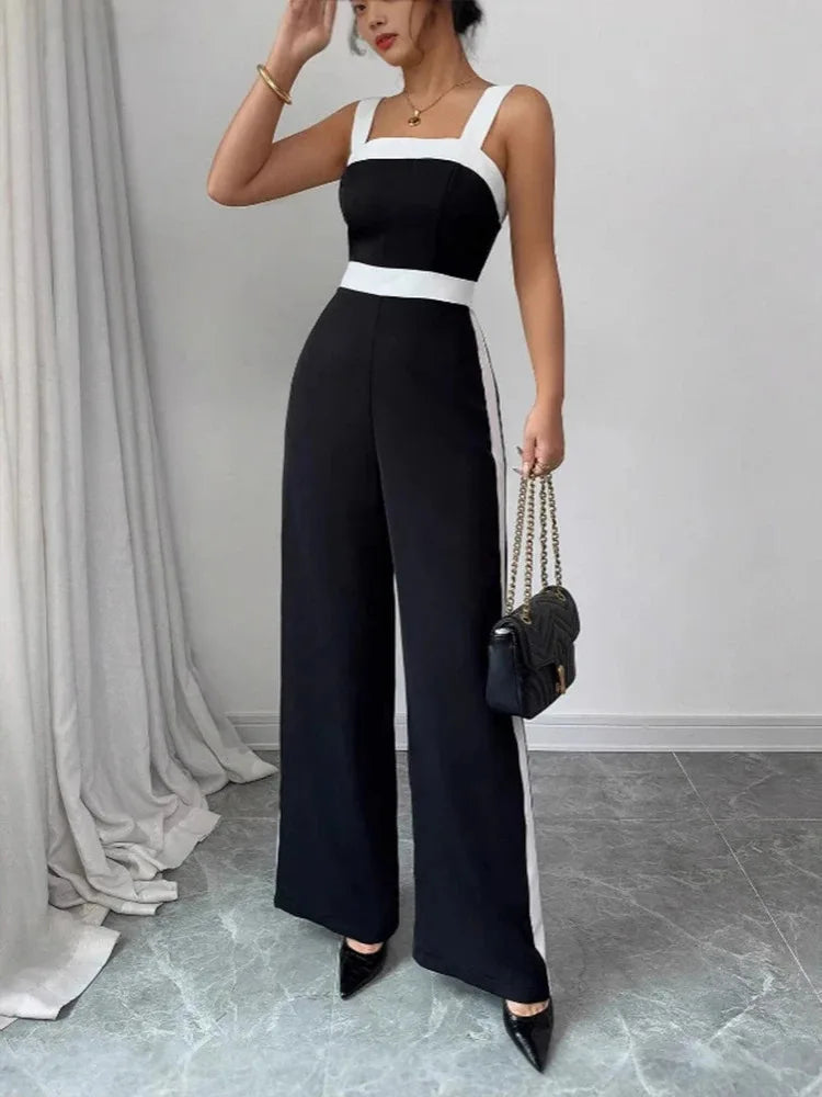Casual Black White Contrast Trim Fashion Jumpsuit