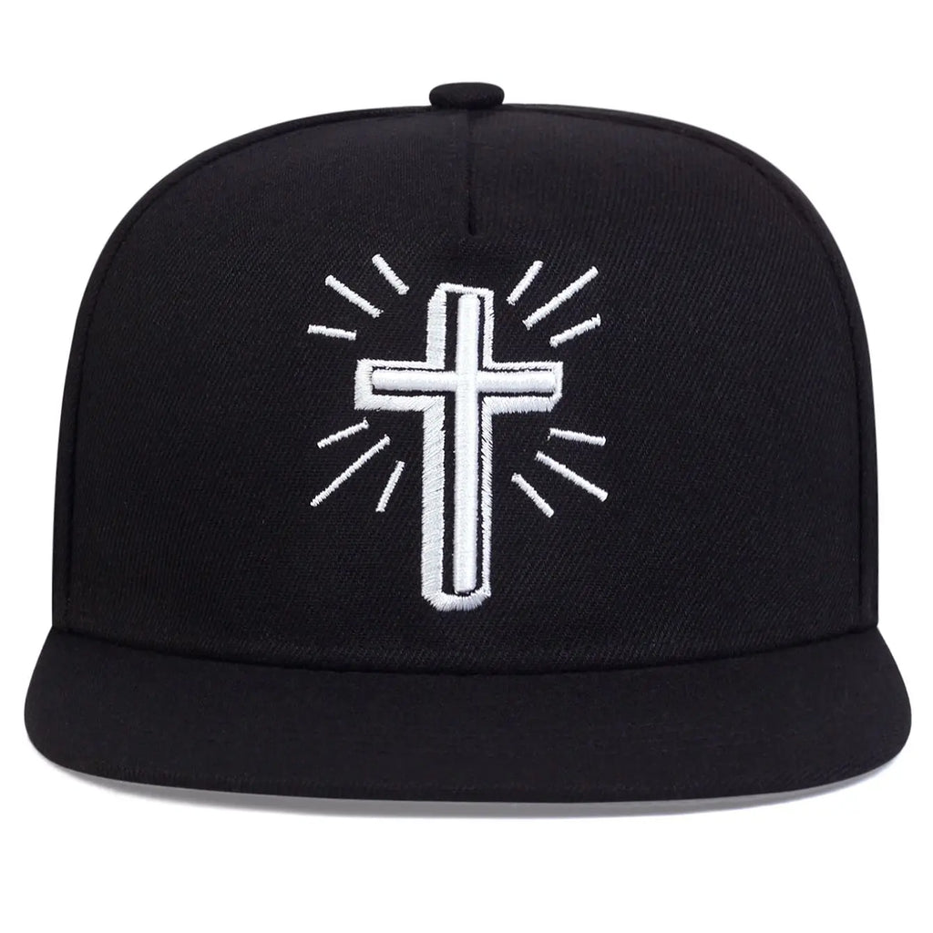 Black cap with a white cross design on a white background