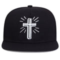 Black cap with a white cross design on a white background