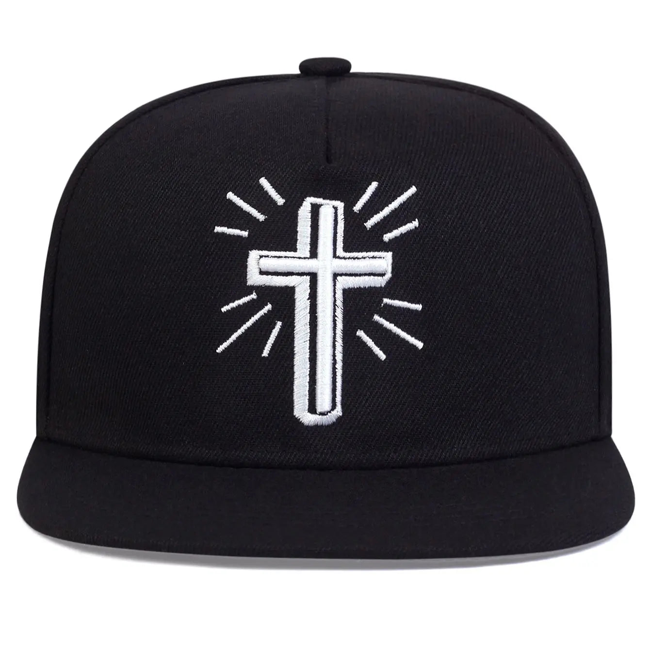 Black cap with a white cross design on a white background