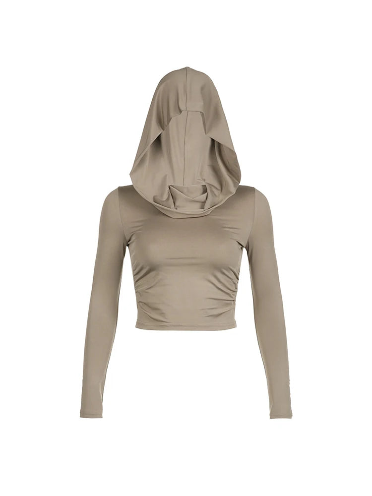 Hooded Crop Tops Autumn Solid Color Long Sleeve Cowl Neck