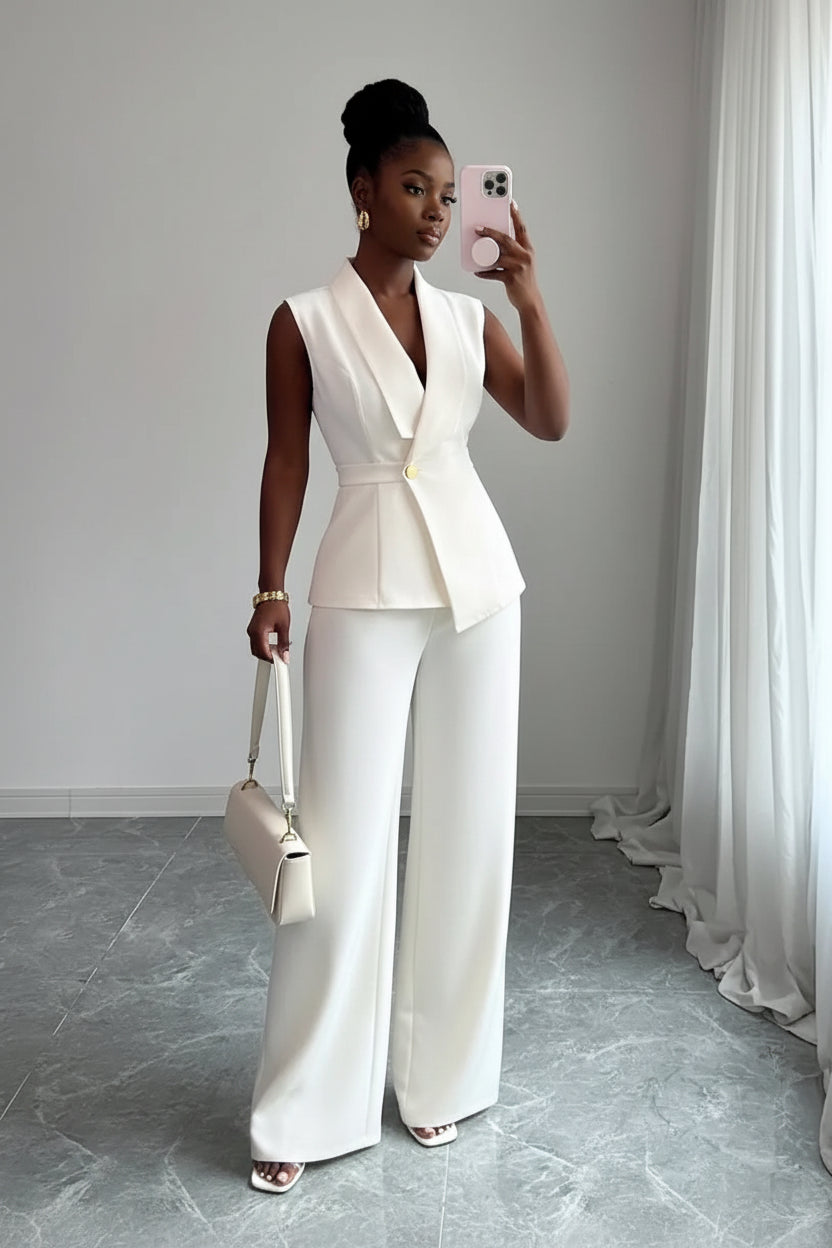 Business Casual Sleeveless Blazer Vest Wide Leg Pants Suit Set