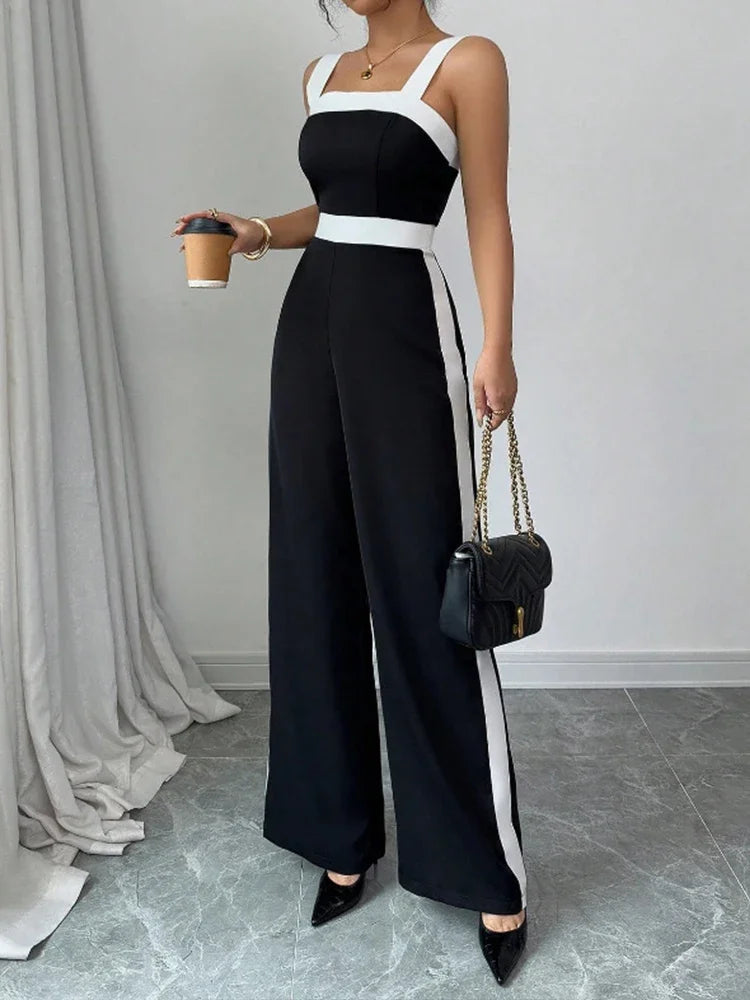 Casual Black White Contrast Trim Fashion Jumpsuit