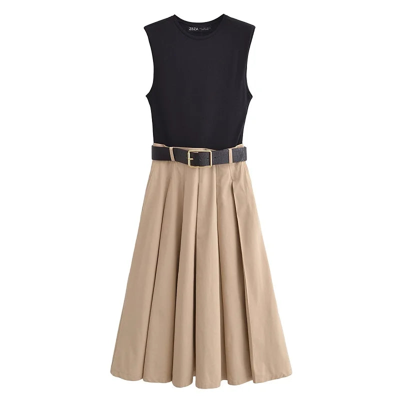 Elegant Pleated Mid-Calf Belt Tank Dress
