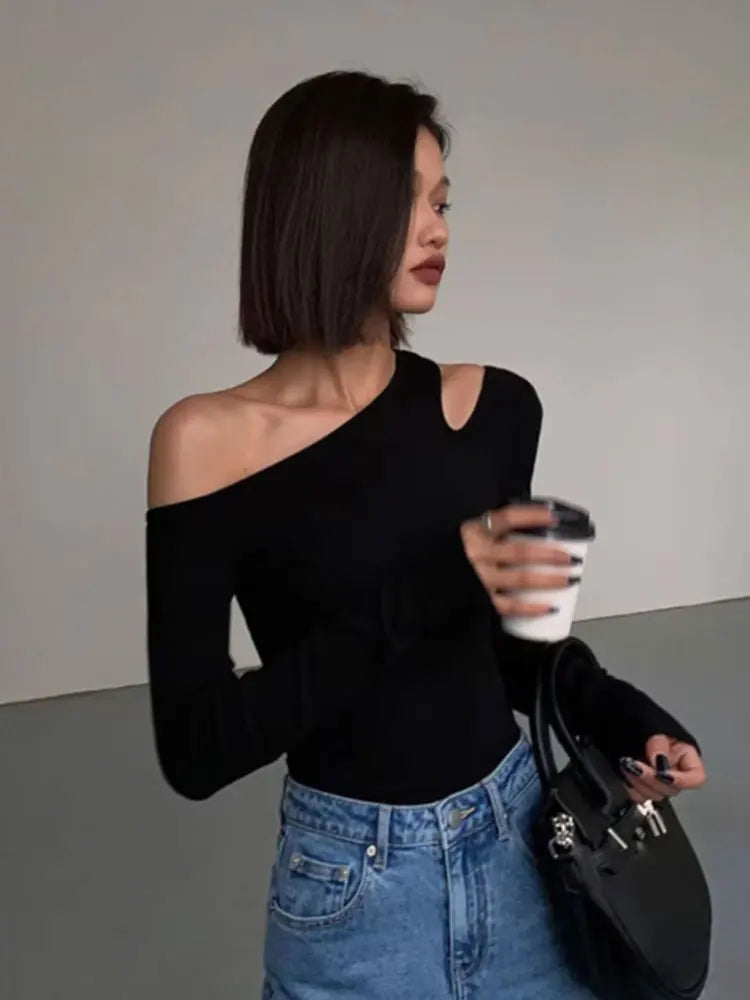 Fashion Skew Collar Off-shoulder Long-sleeved T-shirts