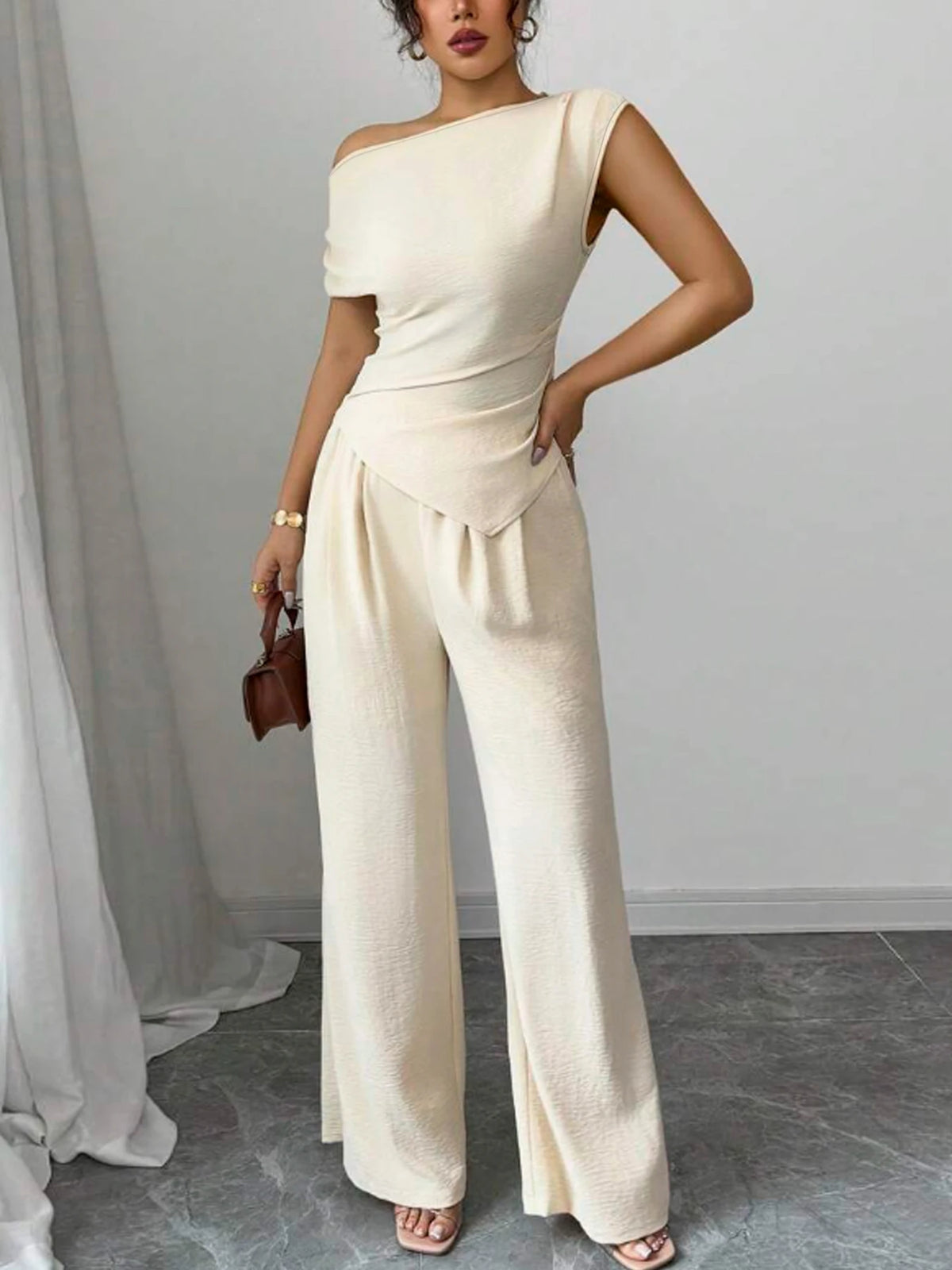 Gracious Asymmetric Top And Wide Leg Pants 2-Piece Set