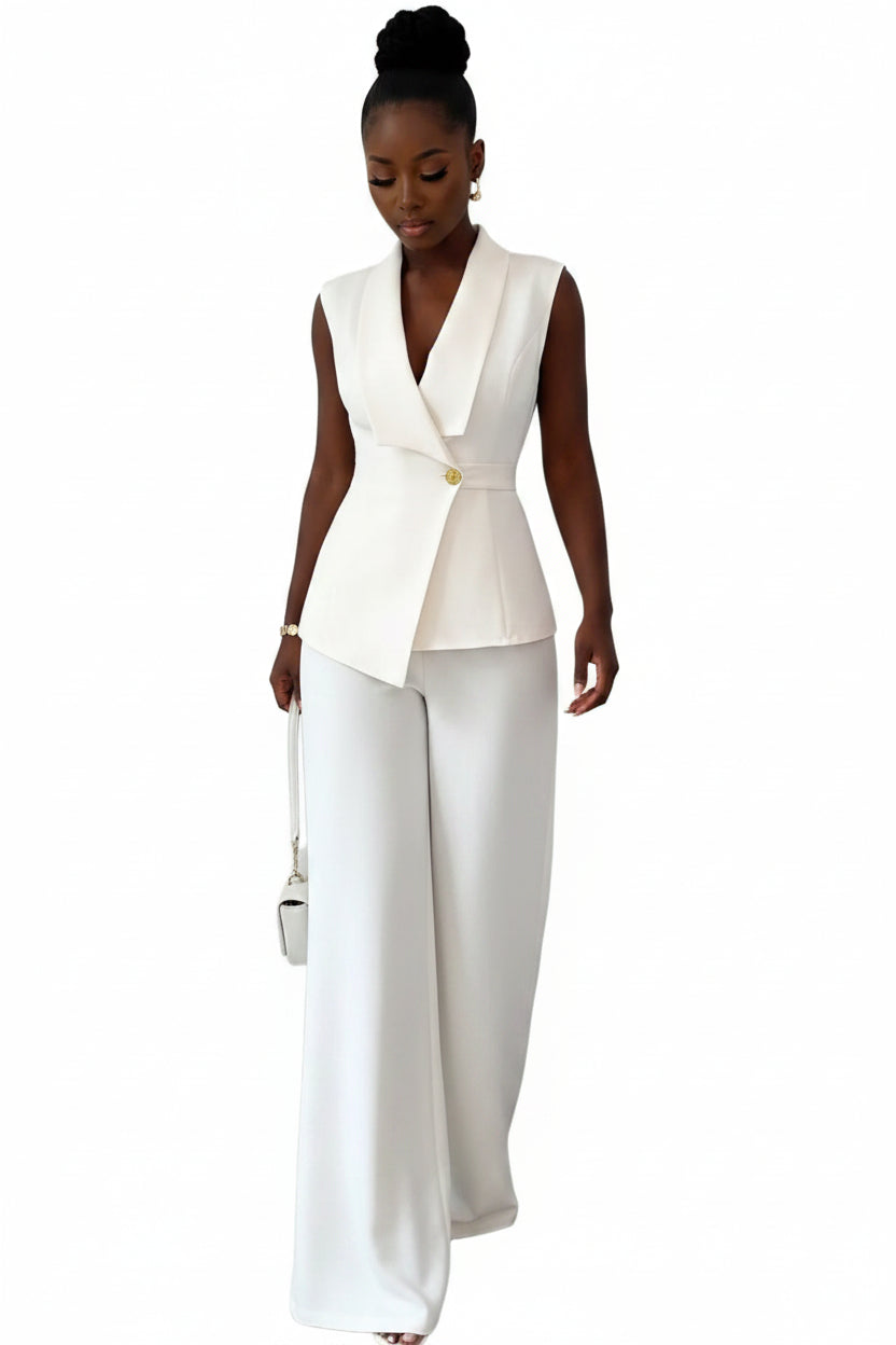 Business Casual Sleeveless Blazer Vest Wide Leg Pants Suit Set