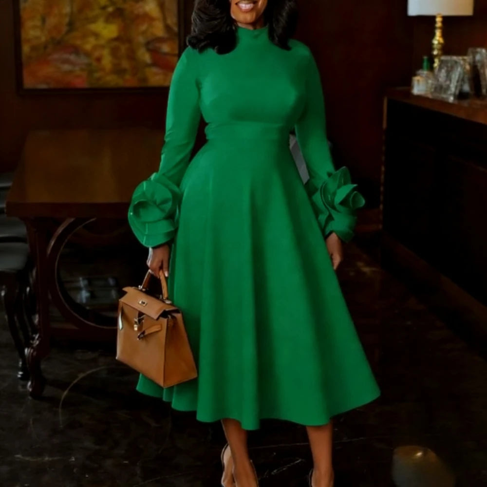 Classy Pleated Half High Neck Long Mid Calf Dress
