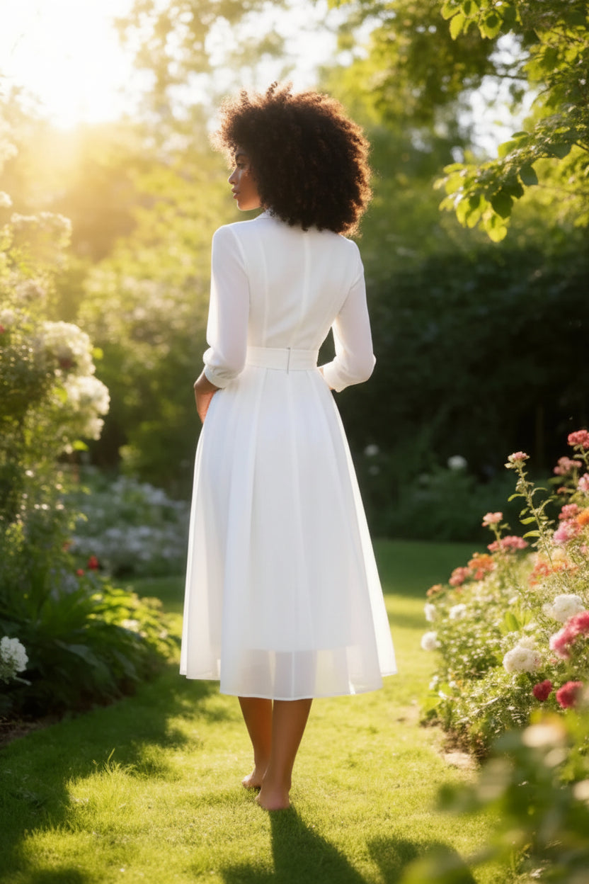 Sophisticated Sheer Sleeve Double Breasted Belted Swing Midi Dress