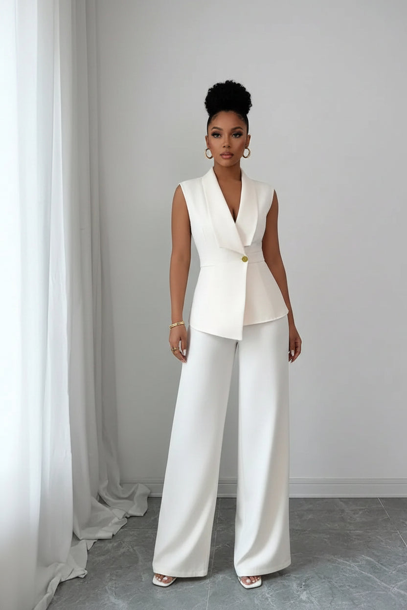 Business Casual Sleeveless Blazer Vest Wide Leg Pants Suit Set
