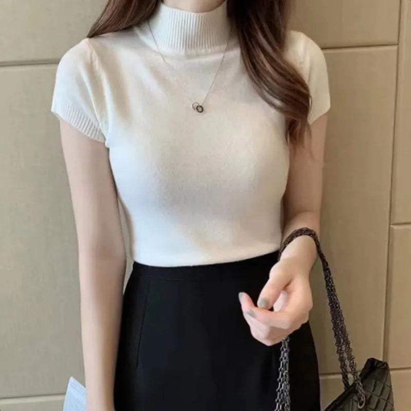 Half-High Neck T-Shirt Fashion Jumper Casual Tops