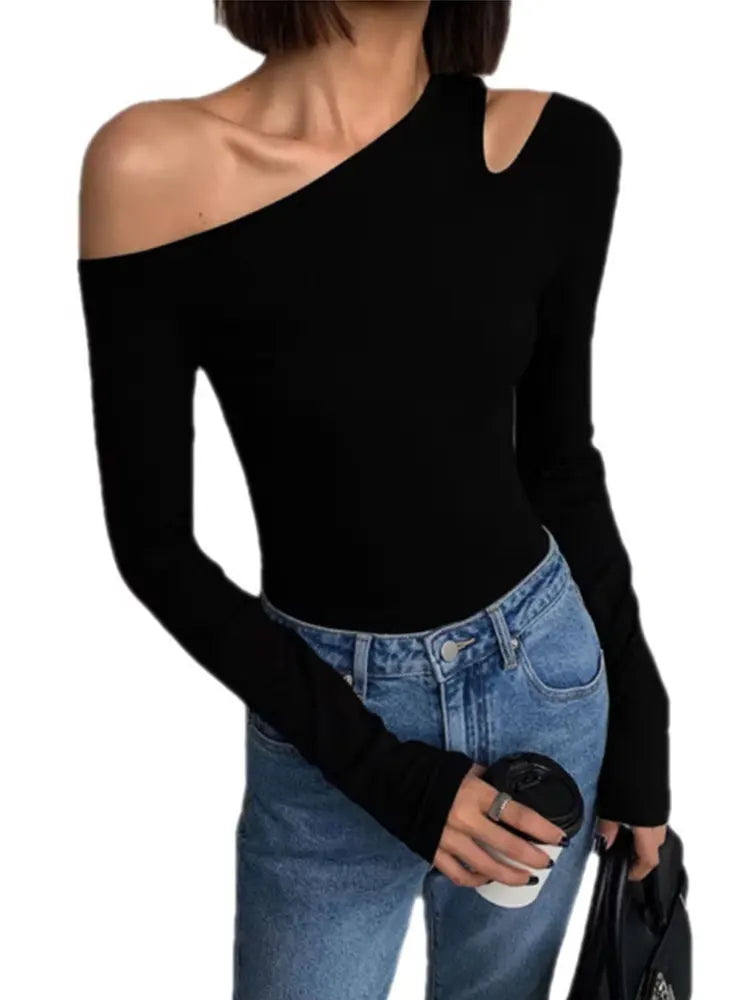 Fashion Skew Collar Off-shoulder Long-sleeved T-shirts