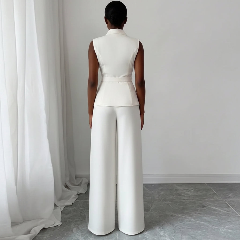Business Casual Sleeveless Blazer Vest Wide Leg Pants Suit Set