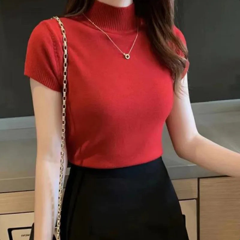 Half-High Neck T-Shirt Fashion Jumper Casual Tops