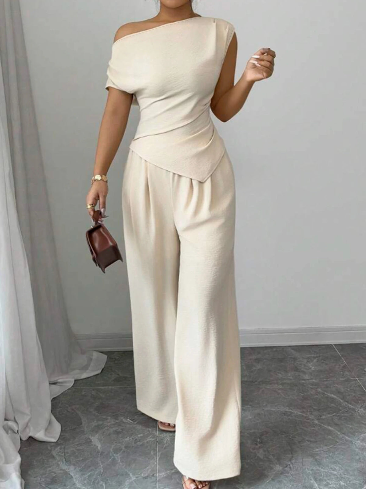Gracious Asymmetric Top And Wide Leg Pants 2-Piece Set