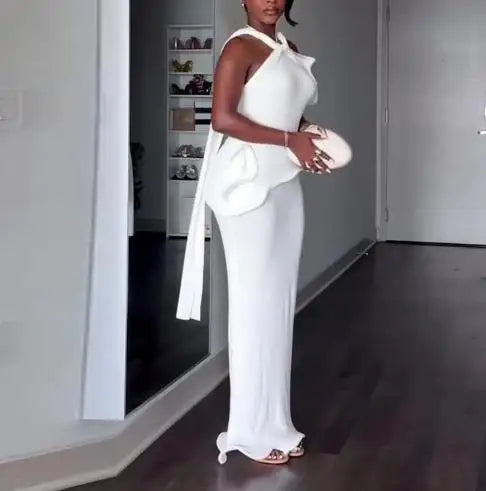 Hanging Neck Solid Color Backless Slim Fit Long Dress