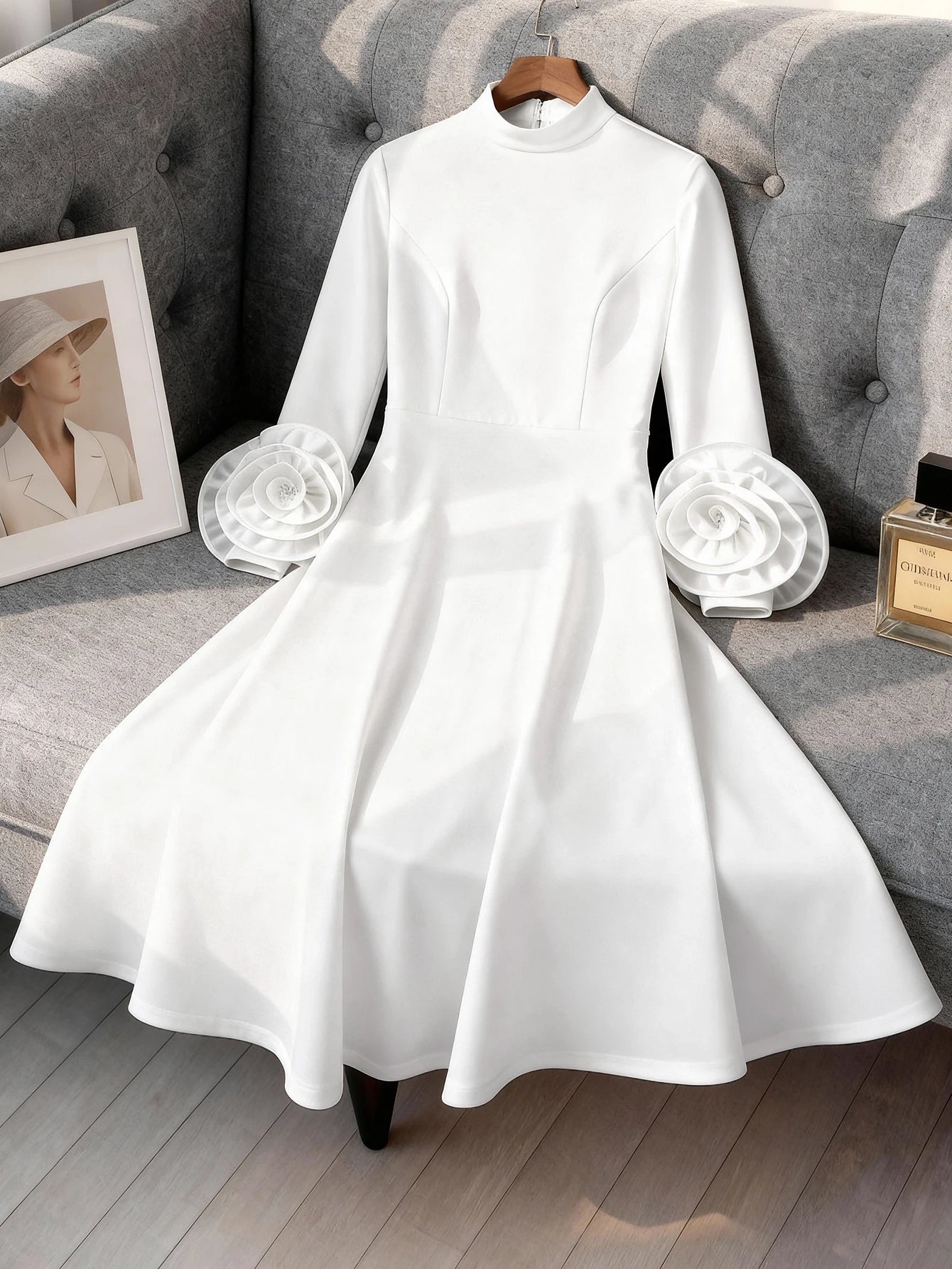 Classy Pleated Half High Neck Long Mid Calf Dress