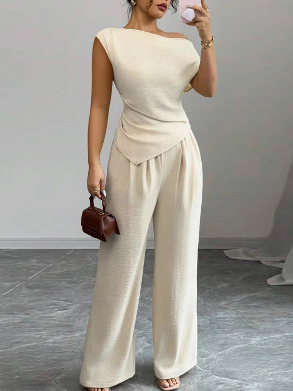 Gracious Asymmetric Top And Wide Leg Pants 2-Piece Set