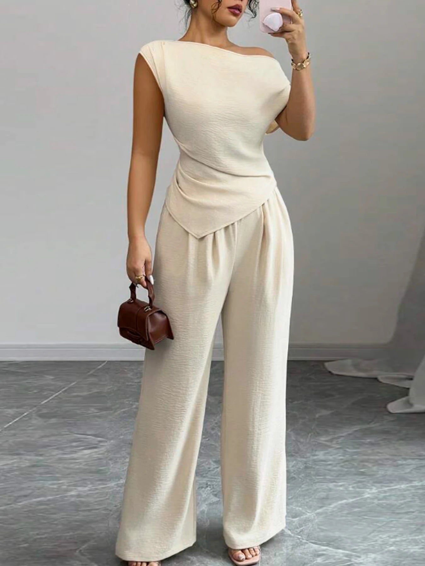 Gracious Asymmetric Top And Wide Leg Pants 2-Piece Set