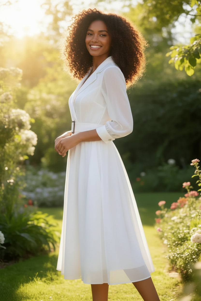 Sophisticated Sheer Sleeve Double Breasted Belted Swing Midi Dress
