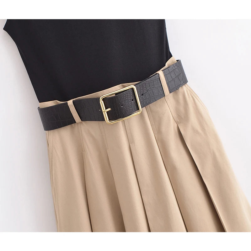Elegant Pleated Mid-Calf Belt Tank Dress