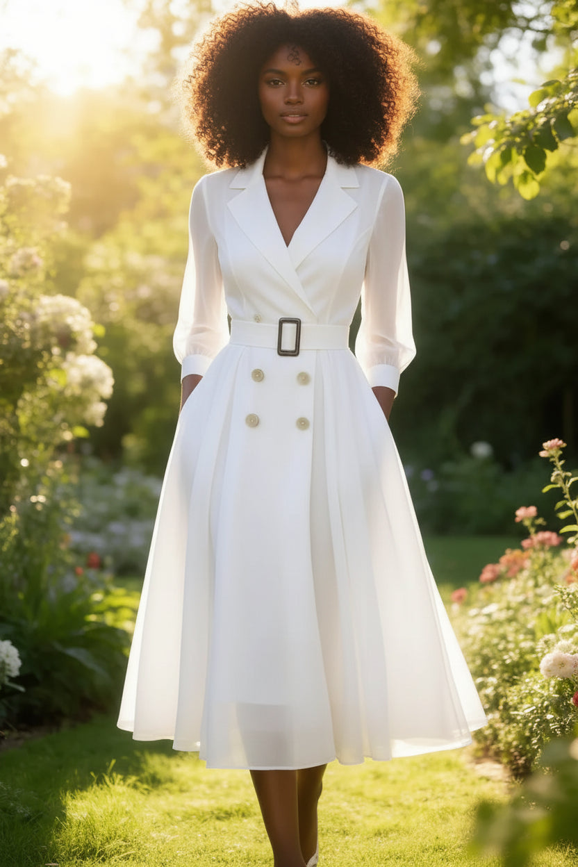 Sophisticated Sheer Sleeve Double Breasted Belted Swing Midi Dress