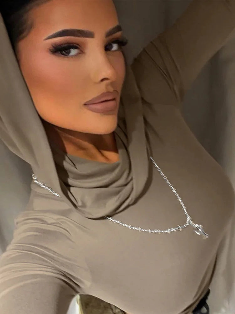 Hooded Crop Tops Autumn Solid Color Long Sleeve Cowl Neck