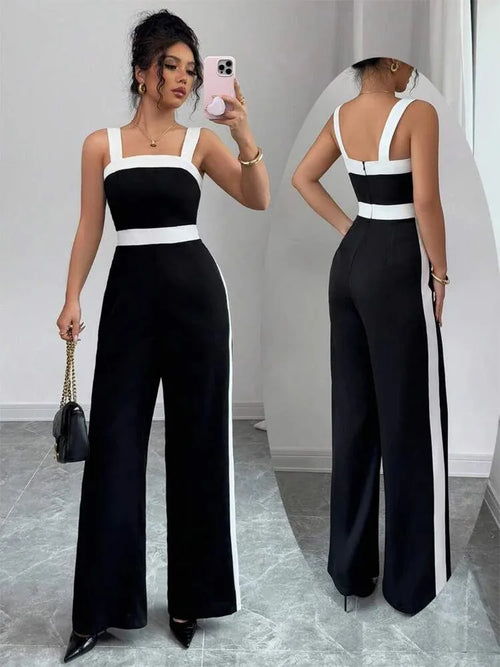 Casual Black White Contrast Trim Fashion Jumpsuit