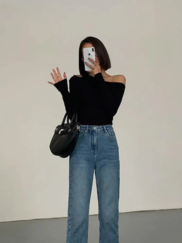 Fashion Skew Collar Off-shoulder Long-sleeved T-shirts