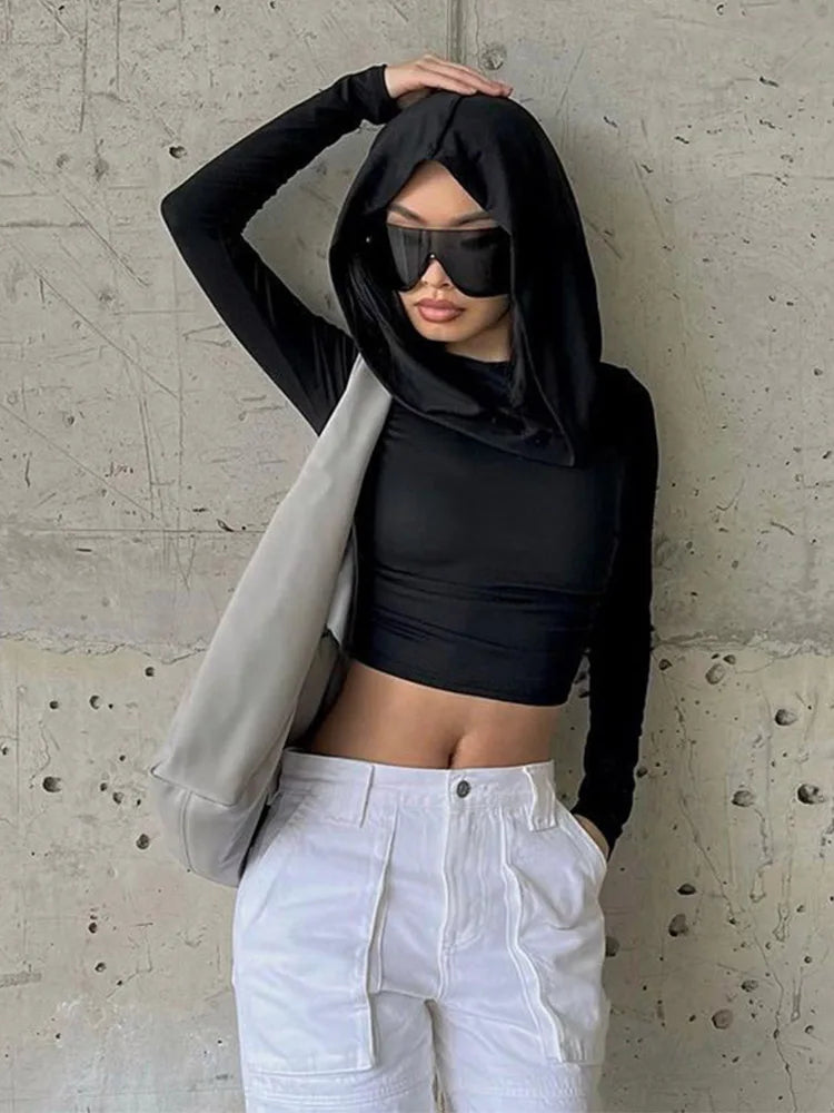 Hooded Crop Tops Autumn Solid Color Long Sleeve Cowl Neck