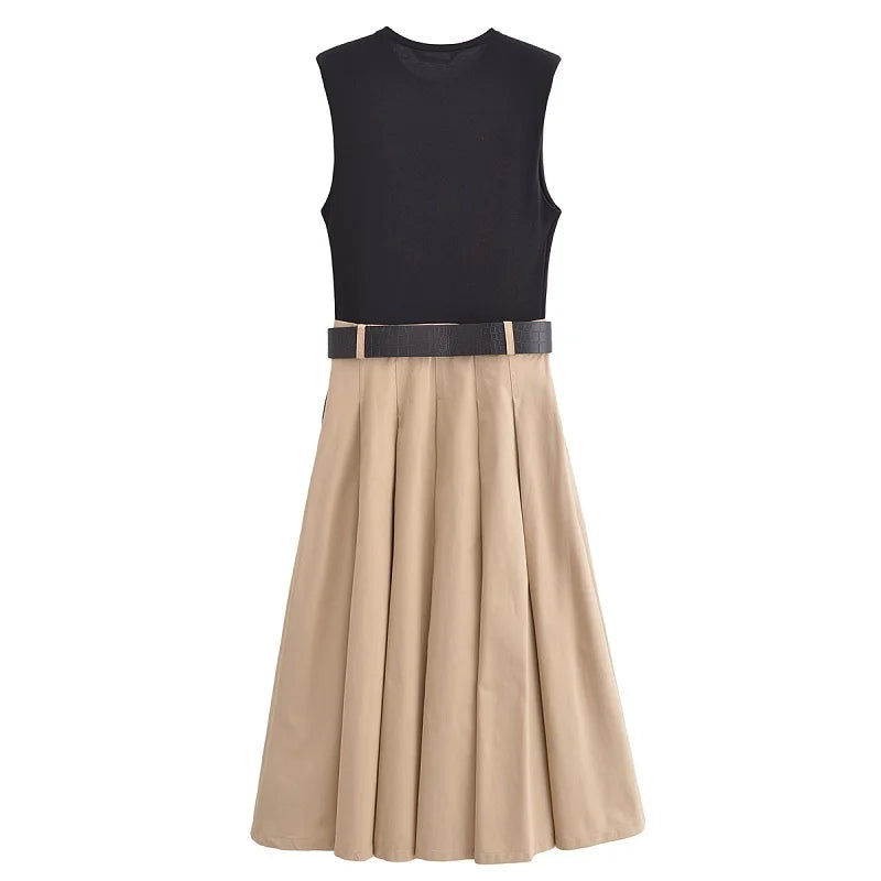 Elegant Pleated Mid-Calf Belt Tank Dress