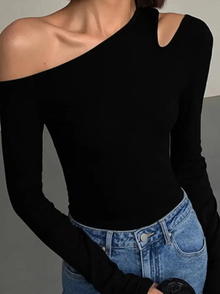 Fashion Skew Collar Off-shoulder Long-sleeved T-shirts