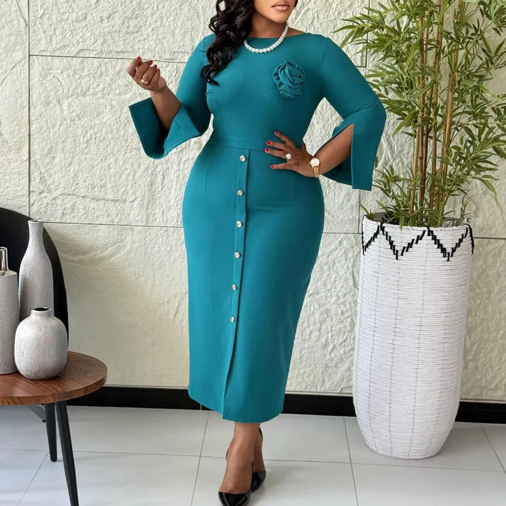 Virtue Line Long Flare Sleeve Ankle-Length Dress