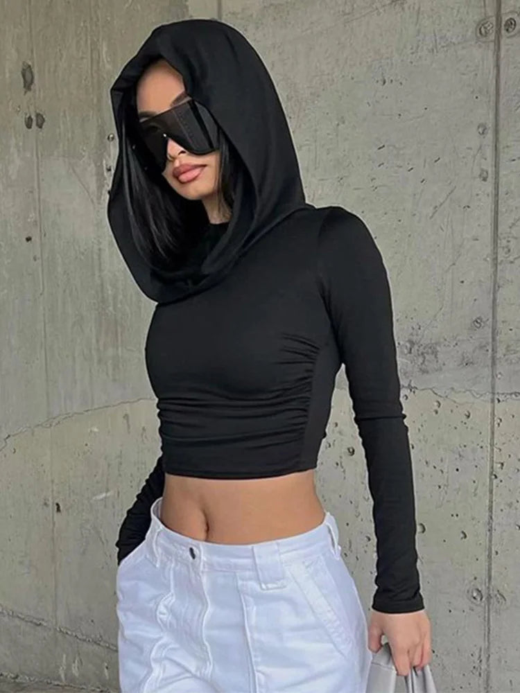 Hooded Crop Tops Autumn Solid Color Long Sleeve Cowl Neck