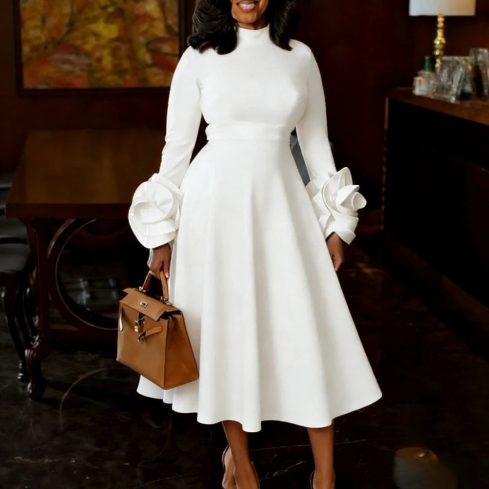 Classy Pleated Half High Neck Long Mid Calf Dress