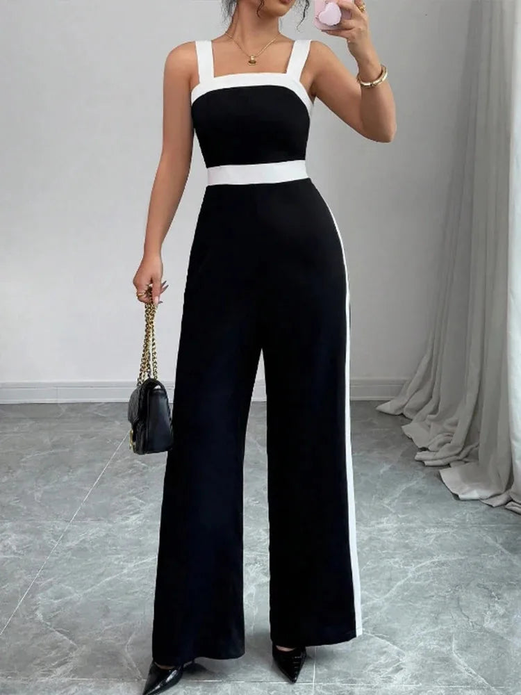 Casual Black White Contrast Trim Fashion Jumpsuit