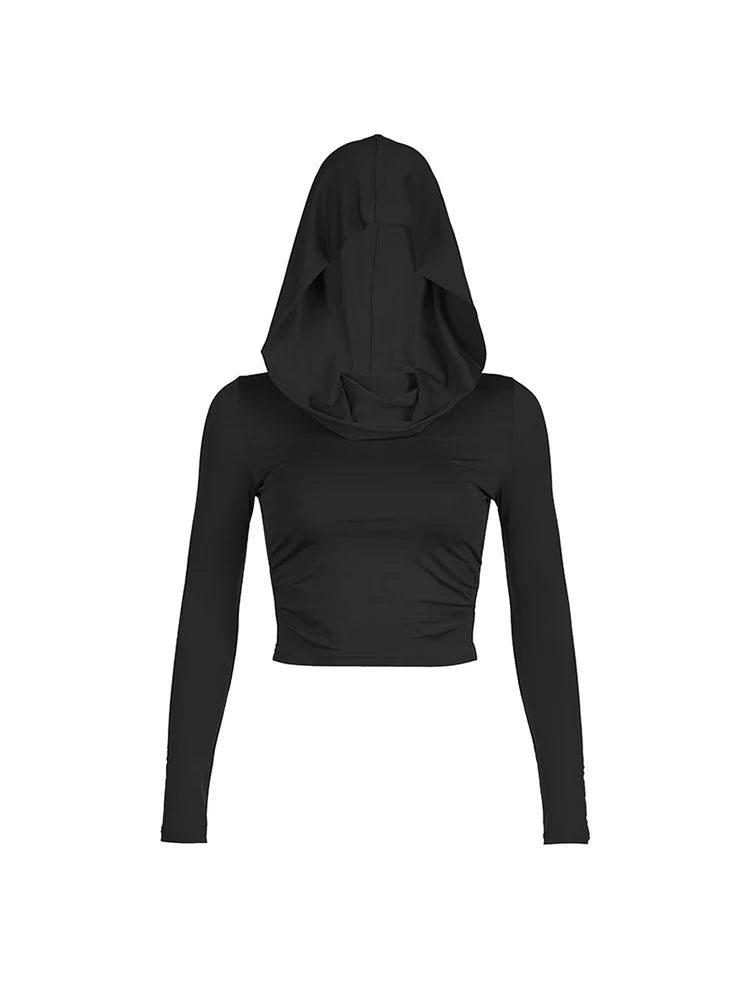 Hooded Crop Tops Autumn Solid Color Long Sleeve Cowl Neck