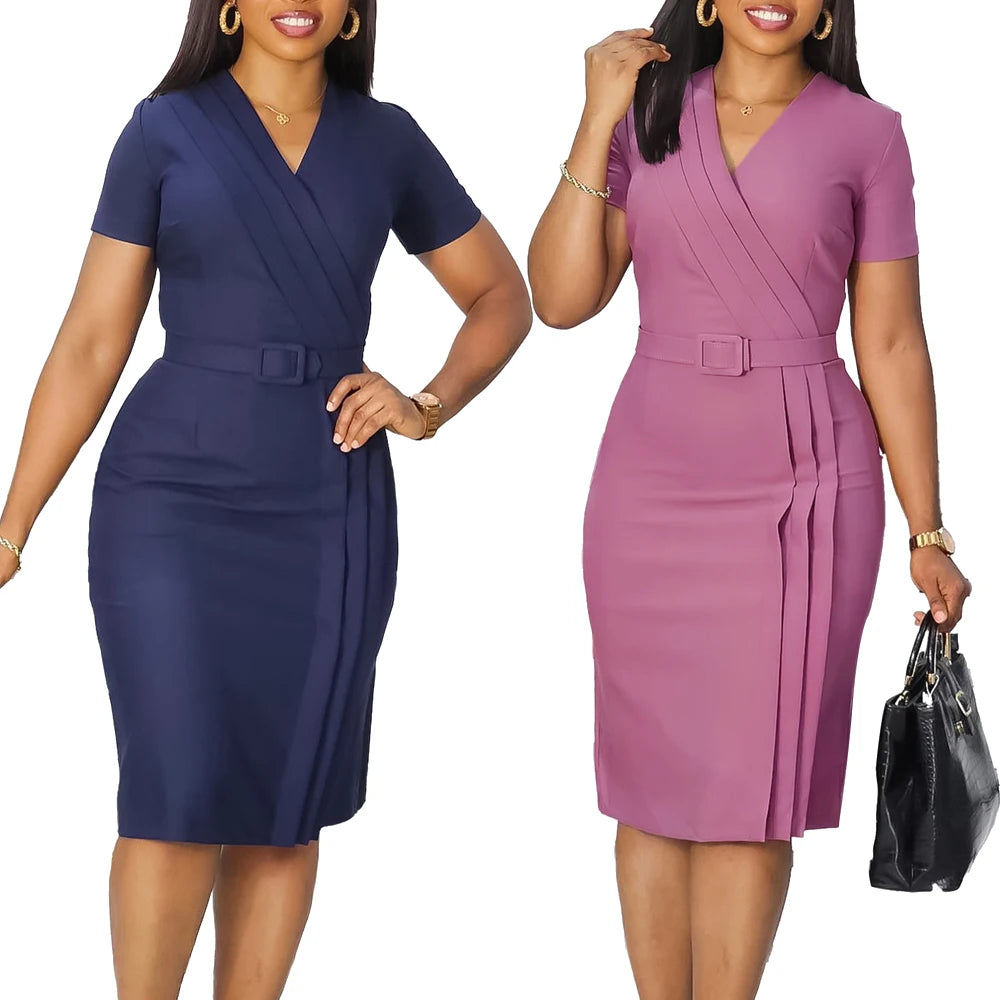 Classy Bodycon Modest Fashion V Neck Belt Formal Dress