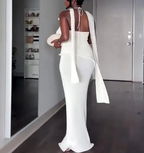 Hanging Neck Solid Color Backless Slim Fit Long Dress
